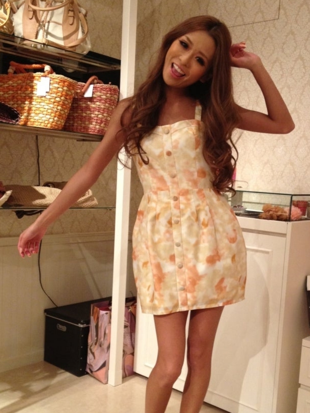 Rienda Gyaru Japan Tan & Pink Watercolor Floral Print Button-Front Sundress